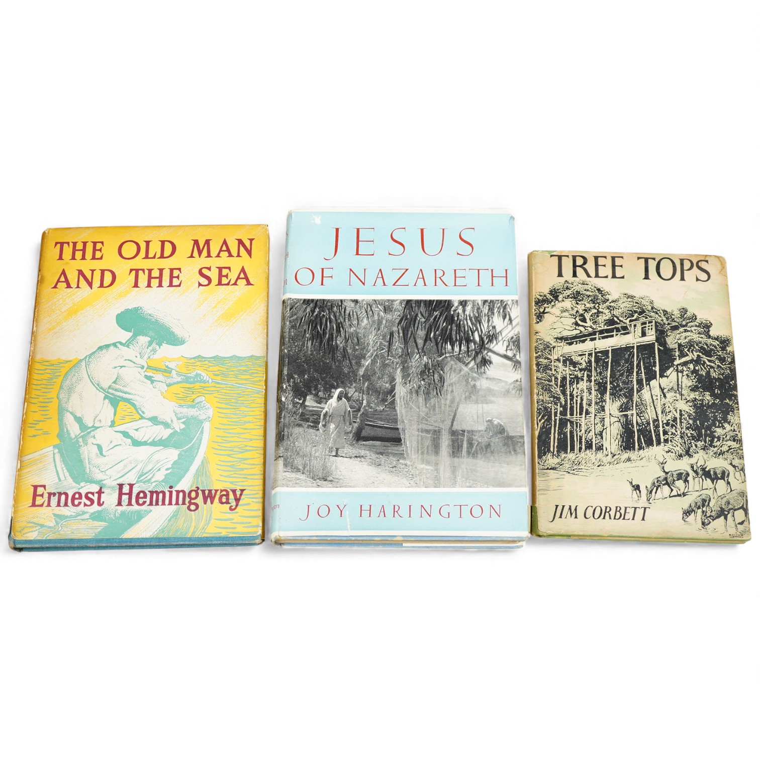 Three various books, Tree tops by Jim Corbett, Jesus of Nazareth by Joy Harington and The Old Man and the Sea by Ernest Hemingway, each autographed